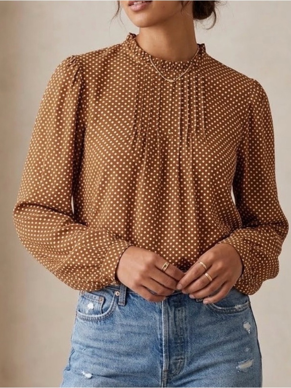 NWT Loft Brown Polka Dot Long-Sleeve Women's Blouse size M